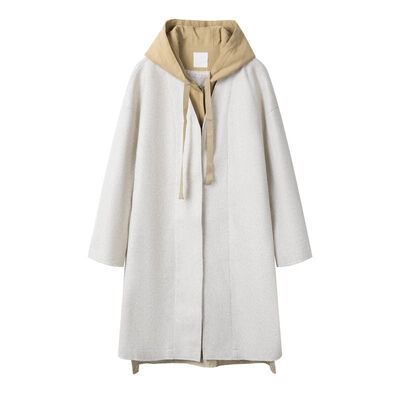 Buy Women's Wool-Blend Long Coat with Contrast Hood and Relaxed Straight Fit in Light Oatmeal online manufacture