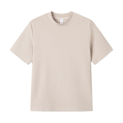 Buy Minimalist Textured Double-Knit Tee Shirt with Relaxed Boxy Fit in Sand Beige online manufacture
