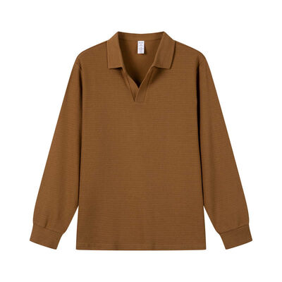 kopen Katoenrijk Wafelgebreid Poloshirt met Lange Mouwen in Karamelbruin met V-hals en Knopenlijst online vervaardiging