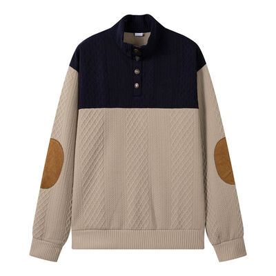 comprar Colorblock Jacquard Pullover Hoodies Henley Mock Neck Sweatshirt Suede Cotovelo Patches Fabricação em linha