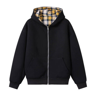 Mua Áo Hoodie khóa kéo đen nam với lớp lót kẻ sọc tương phản và vải nỉ vừa phải cho dáng suông sản xuất trực tuyến