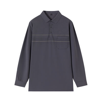 Buy Men's Jacquard Textured Long-Sleeve Polo Shirt with Contrast Gold Stripe and Wrinkle-Resistant Fabric online manufacture